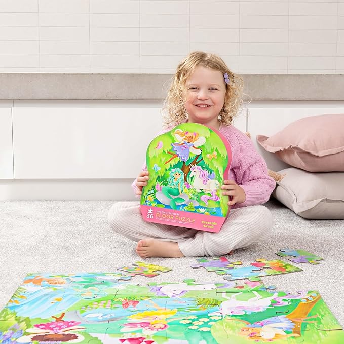 Crocodile Creek 36-Piece Jigsaw Floor Puzzle - Fun Floor Puzzles for Kids Ages 3-5 - Heavy-Duty Shaped Box for Storage - Magical Friends - 24" W x 18" H Finished
