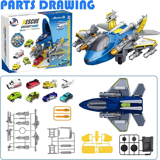 Fighter Toys with Mini Helicopter, Fire Truck, Construction Police Rescue Cars, Airplane, Educational Learning Toys for Kids Ages 3-12 (ASTM Certified), Blue