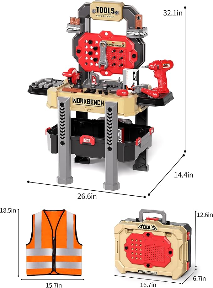 Deejoy Kids Toy Bench with Realistic Tools and Electric Drill, 79 Pcs Realistic Toy Tools with Clothes, Toddler Learning Bench Gift for Boys & Girls Age 3-5 (Yellow) 32x26.6x14.4 in