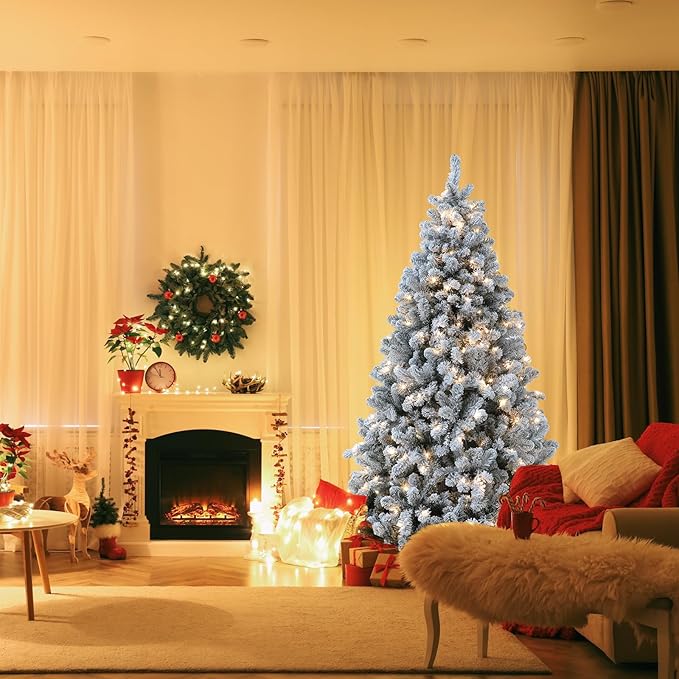 Flocked Christmas Tree, Prelit Christmas Tree 6 ft, Christmas Trees Prelit with 10 Function Warm & Colorful Lights, Easy Assembly Artificial Christmas Trees with Lights & Realistic Branch Tips