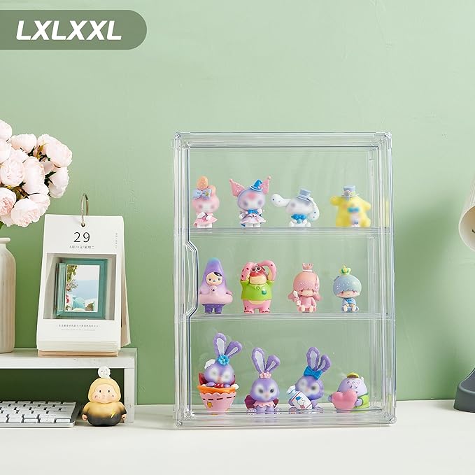 Acrylic Display Case for Collectibles 3 Tier Figure Display Case with 2 Movable Plates Clear Display Cases for Figures with Magnetic Door Tall Display Box, 1 Pack