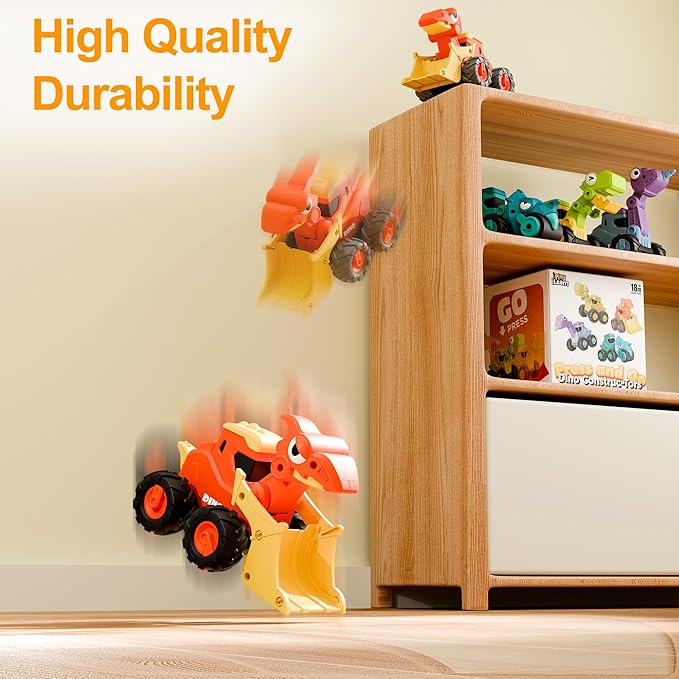 iPlay, iLearn Dinosaur Truck Toys for Toddlers, Boys Dino Press Go Racing Cars, Kids Construction Sandbox Vehicles Playset, Baby Push Go Friction Car Set, Birthday Gift for 18 Months 2 3 4 5 Years Old