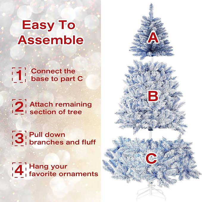 6ft Premium Hinged Artificial Holiday Christmas Tree for Home, Office, Party Decoration Snow Flocked Xmas Pine with 1,000 Branch Tips, Easy Assembly, Metal Hinges & Base (Blue)