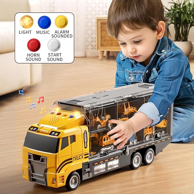 Toddler Boys Construction Truck Vehicle Toy Set with Play Mat, Die-Cast Toy Car Carrier Truck for Kids, Birthday Gifts for 3-8+ Year Olds