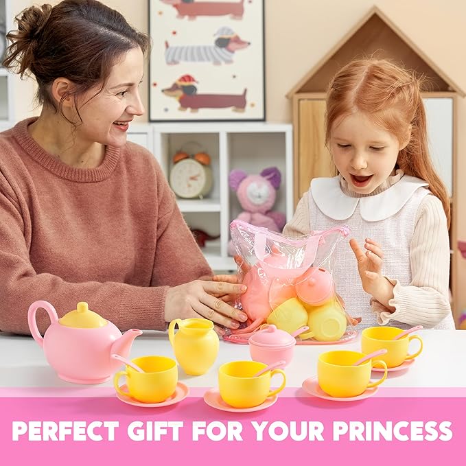 JOYIN 18PCS Pretend Tea Party Set, Pink Plastic Tea Set, Mini Kitchen for Kids, Gifts for Toddler Boys Girls, Gift for Christmas