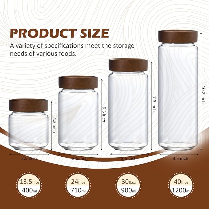 30 oz/900 ml Glass Jar with Airtight Wooden Screw Top Lid, Clear Stackable Food Storage Canister, Large Tall Decorative Glass Container for Coffee, Candy, Cookie, Sugar, Oatmeal, Salt, Pasta
