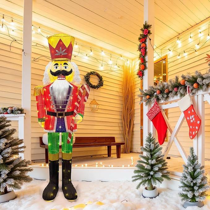 5FT Outdoor Christmas Lighted 3D Nutcracker with Candy Cane,100 LEDs Lighted-up,Outdoor Lighted Holiday Displays with Stakes & Zip Ties for All-Weather Christmas Yard Decoration, Porch, Lawn