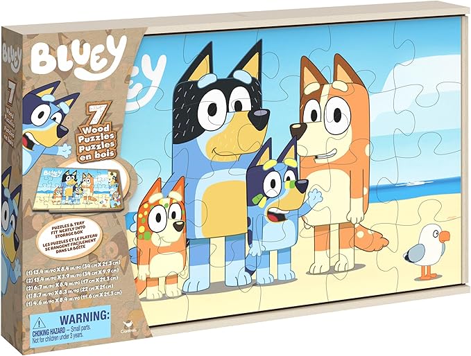 Spin Master Games, Bluey Puzzles 7-Pack, Wooden Jigsaw Puzzles for Preschoolers, 12, 16, & 24 Pieces, Storage Tray, Bluey Toys, Easter Basket Stuffers, for Ages 4 & Up
