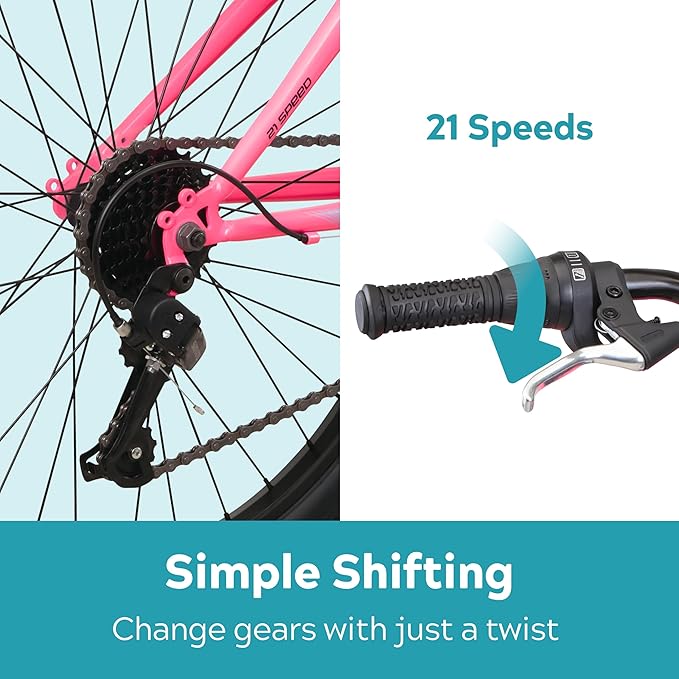 Cavern Mountain Bike for Youth or Adult Boys Girls, 7 or 21-Speed Twist Shifter Options, 20/24/26-Inch Wheels, 11 to 17.5-Inch Steel Frame, Front Suspension, Kickstand Included