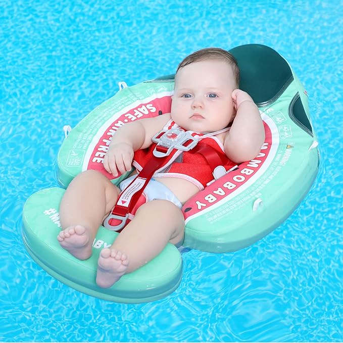 Mambobaby Float Add Tail Baby Swim Float with Canopy Solid Pool Infant Swim Trainer Swimming Training Lying Air Free Water Floats Non-Inflatable Waist Swim Ring for Toddlers (Watermelon)