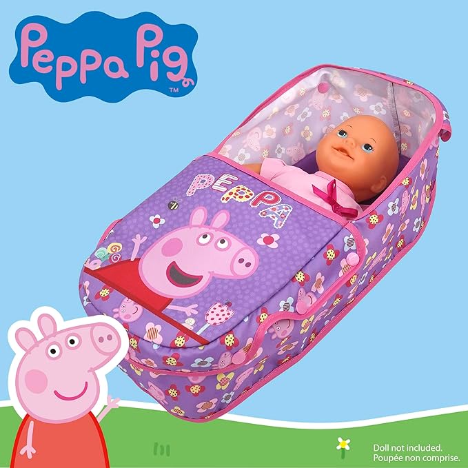 Peppa Pig: Doll Pram - Purple, Pink, Flowers - Accessory for Dolls Up to 18", Foldable, Removable Bassinet, Retractable Canopy, Kids Toy Ages 3+