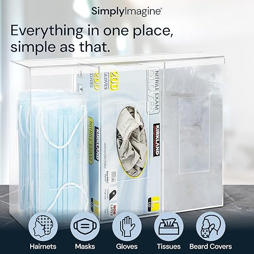 Medical Glove Holder Wall Mount Triple Hygiene Dispenser Station with Lid - Triple Transparent Acrylic - Acrylic Face Mask & Wipes Dispenser - All-Purpose Organizer