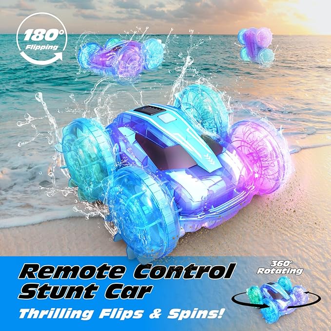Tecnock Amphibious Remote Control Car Boat for Kids, 4WD RC Stunt Car with Waterproof Remote Control, 2.4GHz Gesture RC Cars with LED Lights, Water Pool Toys Gifts for Boys, Girls