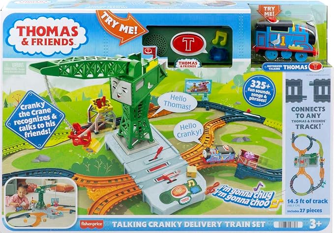 Thomas & Friends Motorized Train Set, Talking Cranky Delivery Set, Talking Crane & Battery Powered Toy Train with Songs & Sounds (Amazon Exclusive)