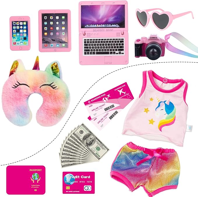 23 Pcs American 18 inch Doll Clothes and Accessories - Suitcase Luggage , Pillow, Sunglasses, Camera, Passport, Mobile Phone , Computer Doll Travel Gear Play Set (No Doll)