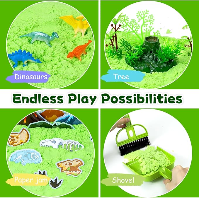 Dinosaur Sensory Bin Toys for Kids, 49Pcs Dinosaur Sandbox Play Sand Kit with 2.2lbs Magic Sand, Dino Figures, Forest Scene Models, Shovel, Preschool Toddler Activities Birthday Gift for Age 3-8