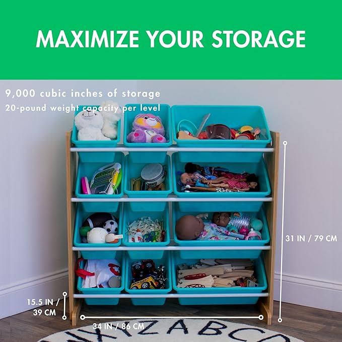 Humble Crew, Natural Wood/Aqua 12 Bin Toy Storage Organizer
