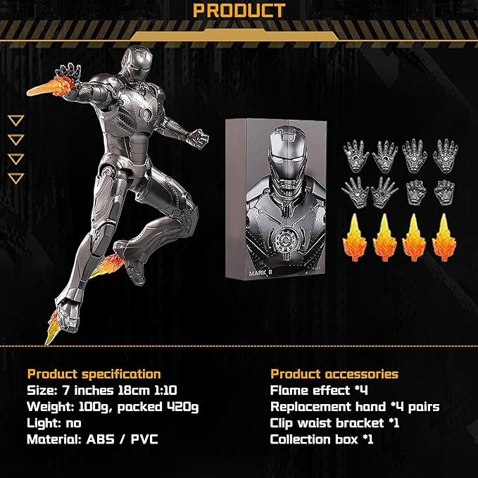 OVONNI 7 Inch MK2Ironman(1/10 Scale) Action Figure,Exquisite Painting Collectible Figure with Lots of Accessories