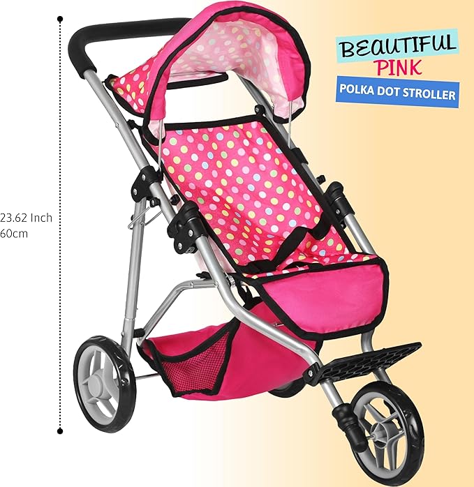 Fash N Kolor - Baby Doll Stroller with Adjustable Canopy & Toy Storage Basket - Foldable Baby Stroller for Pretend Play - Denim Pink,