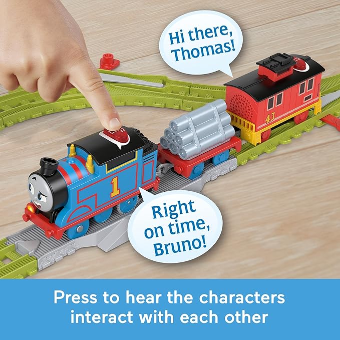 Thomas & Friends Toy Train Set Talking Thomas & Brake Car Bruno Track Playset with Phrases & Sounds for Preschool Kids Ages 3+ Years