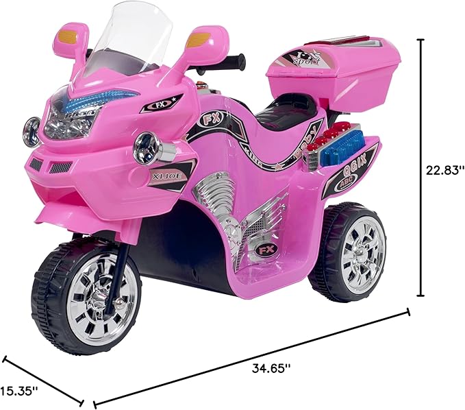 Lil' Rider Electric Motorcycle for Kids – 3-Wheel Battery Powered Motorbike for Kids Ages 3-6 – Fun Decals- Reverse- and Headlights (Pink), Large