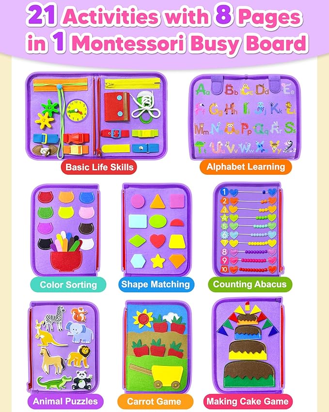 Exorany Busy Board Montessori Toys for Toddler Boy Girl Birthday Gifts, Busy Book Sensory Learning Toys for Toddlers, Toddler Airplane Car Travel Toy Educational Activities