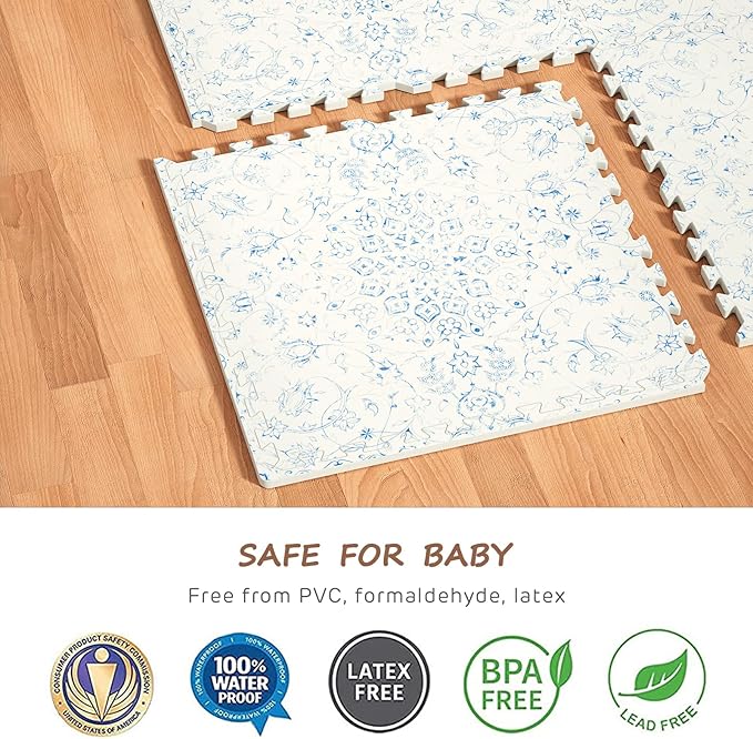 Extra Large Baby Play Mat - 4FT x 6FT Non-Toxic Foam Puzzle Floor Mat for Kids & Toddlers (Persia Handmade Pattern, Blue and White)
