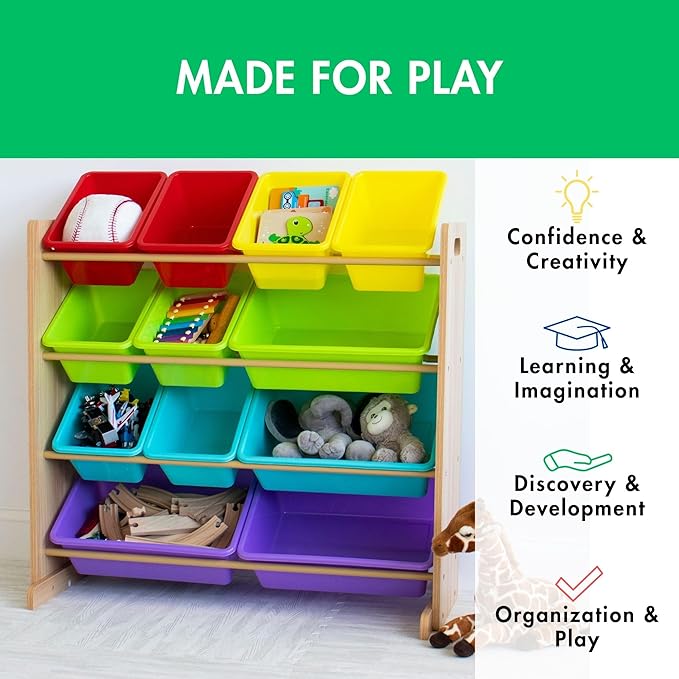 Humble Crew Kids Toy Storage Organizer with 12 Storage Bins, Rainbow/Natural Wood