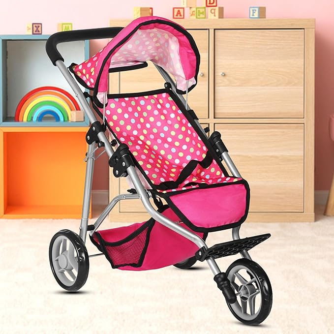 Fash N Kolor - Baby Doll Stroller with Adjustable Canopy & Toy Storage Basket - Foldable Baby Stroller for Pretend Play - Denim Pink,