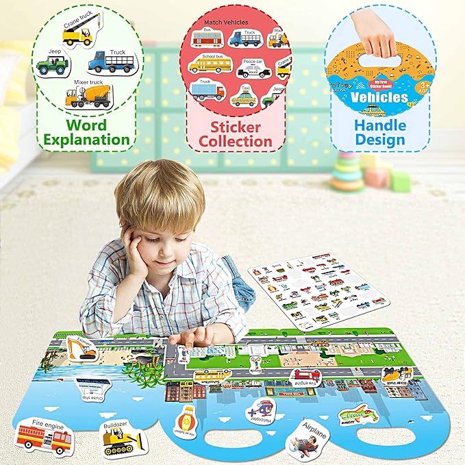 6 Sets Reusable Sticker Books for Toddlers 1-3, Jelly Sticker Books for Kids 2-4, Vehicle Stickers for Kids