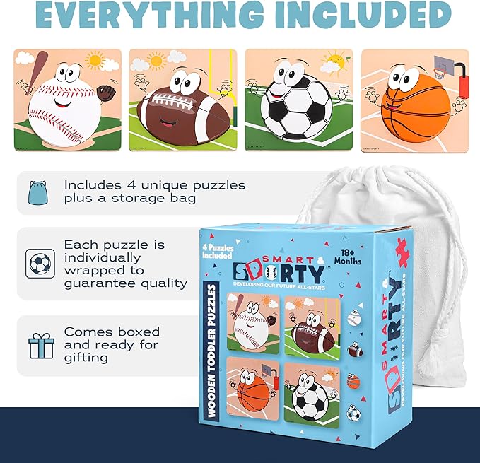 Wooden Puzzles for Toddlers 2-4 | Sports Puzzles | Wood Puzzles for Kids, Toddler Sports Toys for Toddlers, Basketball Toy, Football Toys, Baseball Toy, Soccer Toddler Puzzle 2 3 Year Old Boy