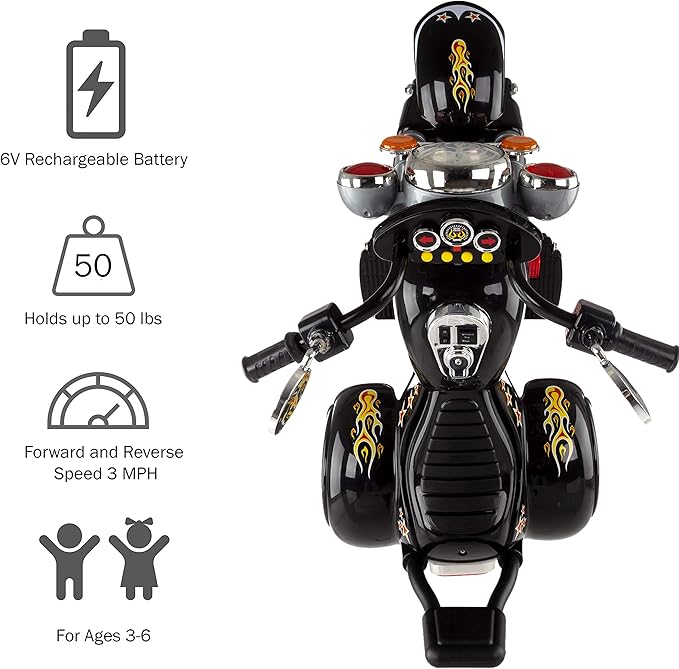 Kids Motorcycle Ride On Toy – 3-Wheel Chopper with Reverse and Headlights - Battery Powered Motorbike for Kids 3-5 years by Lil’ Rider (Black)