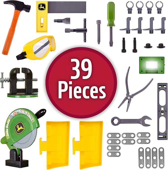 John Deere Kids Workbench, Power Tools Workshop, Build Your Own Toy Tool Box with 39 Realistic Toy Tools and Accessories, 5+