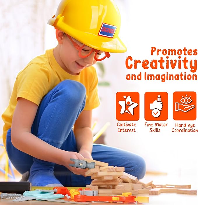 Cosmic Chameleon Construction Toys - 13Pc Pretend Play Set with Kids Construction Hat, Vest & More - Boys & Girls Tool Set - Halloween Costume, Birthday Gift