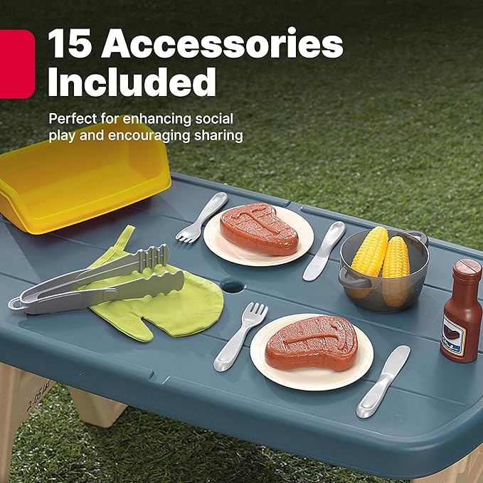 Step2 Sizzle & Smoke BBQ Grill Kids Playset, Indoor/Outdoor Kitchenette, Interactive Play with Sounds, Made of Durable Plastic, Includes 15 Piece Toy Accessories, For Toddlers 3+ Years Old