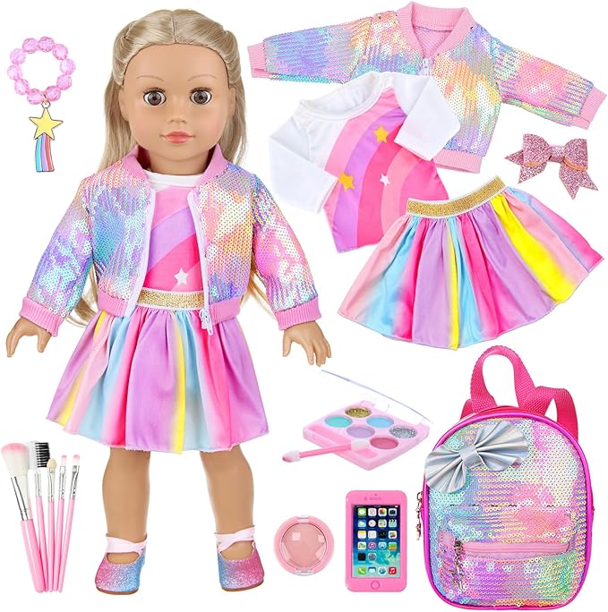 UNICORN ELEMENT American 18 Inch Doll Makeup Accessories and Clothes,Sequin Backpack Set for 18" Dolls Include Skirt Bracelet Hair Clip Phone and Makeup Sets(No Doll and Shoes