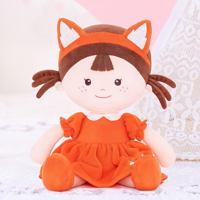 Onetoo First Baby Doll Plush Rag Dolls Sleeping Cuddle Buddy Dolls Soft Baby Doll for Girls Wear Fox Costume Reddish Brown Dress14(Milly Series)