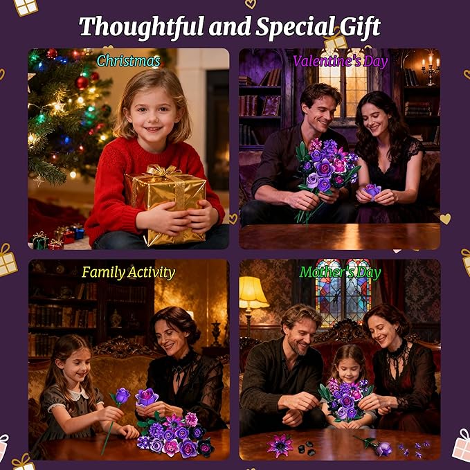 Purple Rose Bouquet Building Set: Compatible with Lego Flowers for Adults Women Gothic Artificial Botanical Collection Halloween Christmas Valentine's Gifts Home Decor (458 PCS)