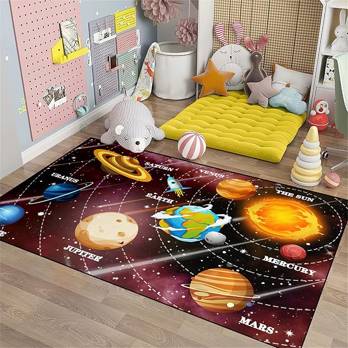 Space Rugs Educational Learning Black Large Size Solar System Carpet Rugs Kids Rug for Bedroom Boys Space Area Rug Living Bedroom, 3'×4'