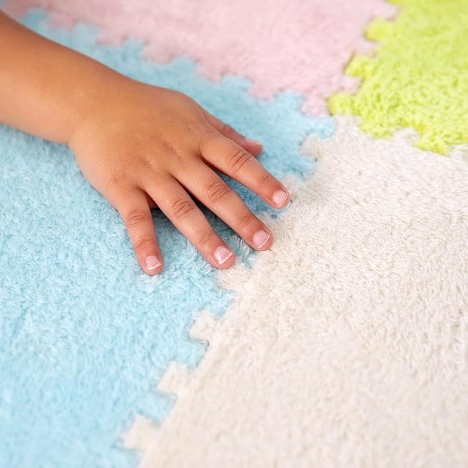 16 Piece Carpet Squares Puzzle Mat 49" x 49" Plush Interlocking Carpet Tiles, Foam Floor Tiles for Baby Play Mat - Kids Soft Play Mats Anti Slip Jigsaw Flooring Playmat Playroom Rug (Multi-Color)