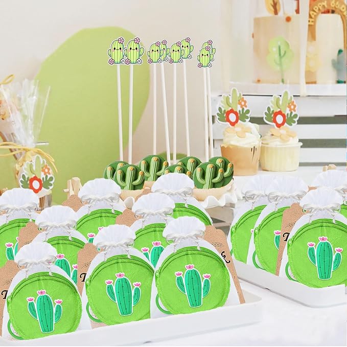 36 Pack Cactus Change Purses Set Include 12 Wallets with Keyring, 12 Thank You Tags and 12 Organza Bags for Cactus Tropical Mexican Western Desert Hawaiian Summer Party Decoration,Green