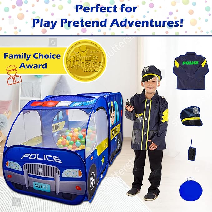 Police Car Pop Up Play Tent with Sound Button and Policeman Officer Costume for Kids, Toddlers, Boys, Girls, Indoors & Outdoors – Playhouse for Interactive Fun - Foldable, Quick Setup Pretend Play
