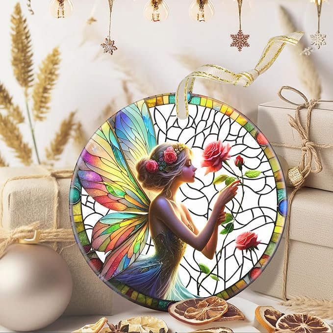 3.5 Inch Ceramic Christmas Tree Ornament, Enchanting Fairy & Rose Christmas Ornaments, Heirloom Keepsake, Gift Exchange, Gift Idea, Bauble Present