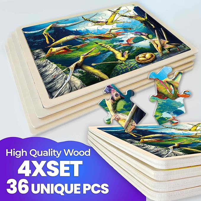 QUOKKA 4SET Puzzles for Kids Ages 4-6 - 36 Pcs Wooden Toddler Realistic Montessori Puzzles Ages 3-5 - Land, Sea, Desert, and Sky Dinosaurs Learning Games for Boys and Girls 4-8 Year Olds