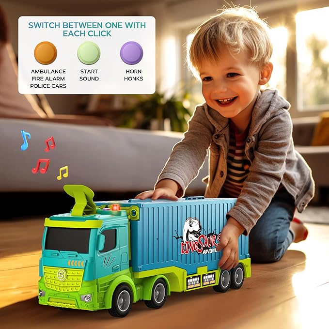 Carrier Truck Race Track Toddler Toys, Foldable 3 Layer Toddler Track Playset, Dinosaur Toy Truck Transport Car Carrier & 8 Race Cars, Truck Car Kids Toy Gifts for Age 3 4 5 6+ Year Old Boys Girls