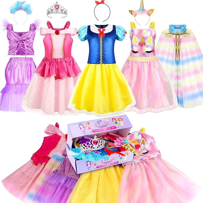 Princess Dress Up for Girls, Role Play Kids Dress up Clothes Gift Set Princess Toys for Little Girls Ages 3-8yrs Toddler Birthday Party