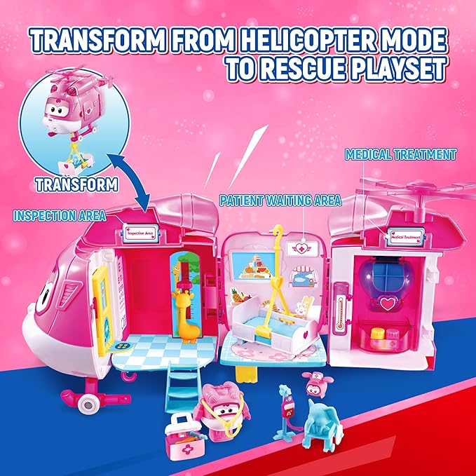 Super Wings Dizzy Rescue Helicopter Hospital Playsets,Airplane Pet Care Play Sets Doctor Kit for Kids 3-5, 20+ Accessories Pretend Dr Kit for Toddlers, Gifts for Girls Boys 3-7 Years Old