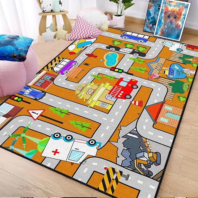 Car Rug Play Mat - Kids Play Rug for Playroom, Traffic City Life Road Rugs for Toys and Car Mat Educational Game Carpet Toddler 4.5x6 Feet
