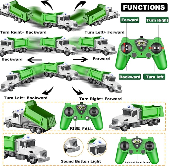 Remote Control Construction Dump Truck Toy RC Vehicle,6 Channel Truck Toys w/ 6 pcs Wood,2 Rechargeable Batteries,1/24 Scale Dump Truck,B'day Gifts Ideas Boys Age 3-8 Year Old,Green Dump Truck