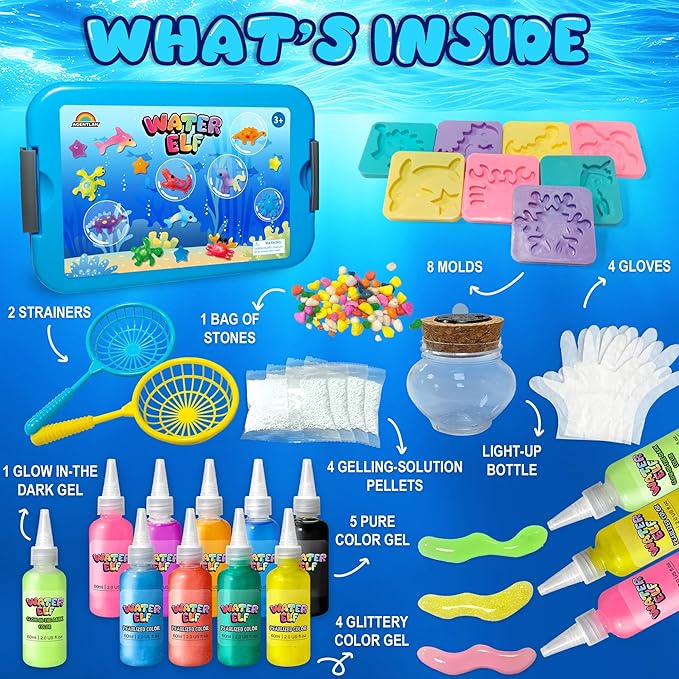 AGENTLAN Magic Water Elf Toy Kit,Aqua Fairy Squishy Making kit with 10 Water gels&8 molds,Magic Jelly elf,Glow in The Dark Water Pets Craft Kits,Sensory Toy Gift Ages 3 4 5 6 7 8 9